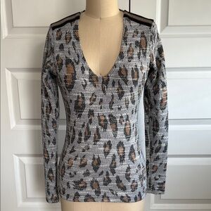 Leopard Print Long Sleeve Top with trim at shoulder